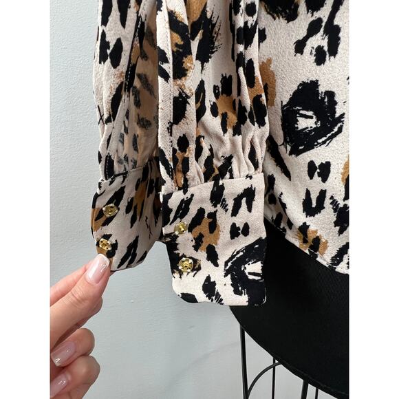 & Other Stories Cream Black Leopard Print Long Sleeve Womens Keyhole Top Size 8 - Picture 7 of 11